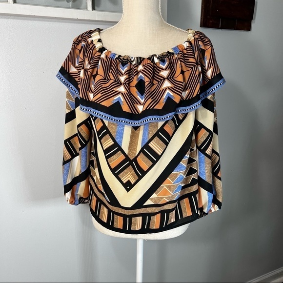 H & M Off the Shoulder Aztec Tribal Multicolor sz 14 long sleeve blouse Silky - Picture 1 of 11